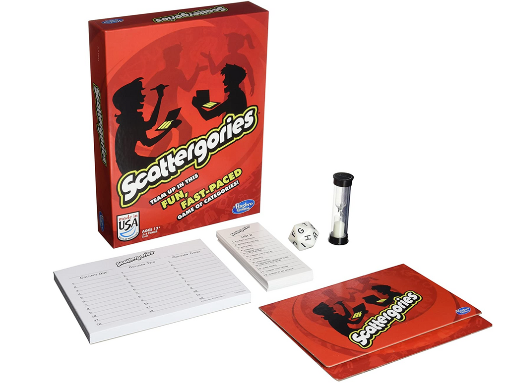 Scattergories game box, sand timer, instructions, abc dice, pad of lists, and playing notepad.
