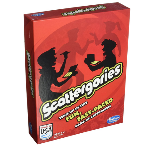Scattergories game box. Team up in this fun, fast-paced game of catergories! Made in the USA. Ages 13 and up. 2-4 players.