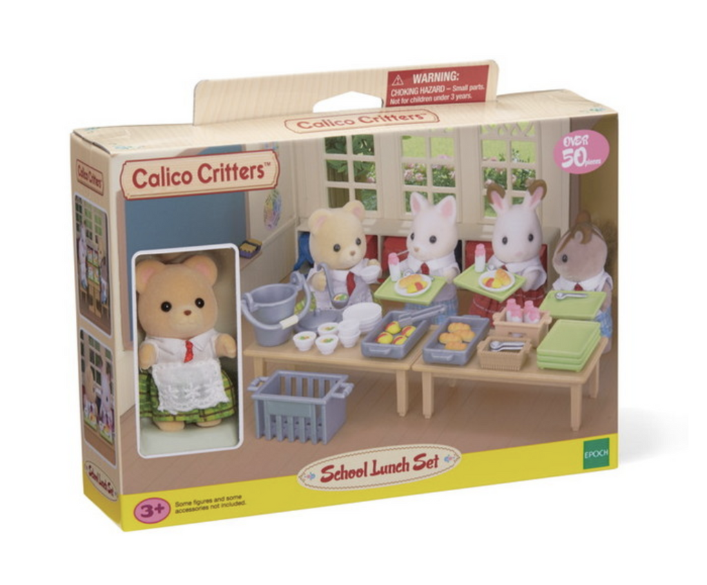 Calico Critters School Lunch Set contain over 50 pieces and comes with lunch person Ava Cuddle Bear figure. Items included are lunch trays, tongs, meals, cups, plates, a dish crate, and more.