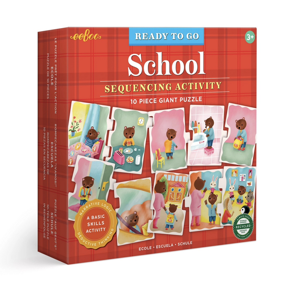 Red plaid box of Ready to go School sequencing cards, a 10 piece giant puzzle. Put the puzzle together to see how bears wakes up and goes through its day.