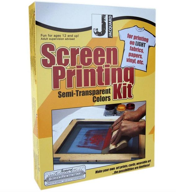 Screen Printing Kit fro printing on light fabrics, papers, vinyl, etc. Semi-Transparent colors. Fun for ages 12 and up.