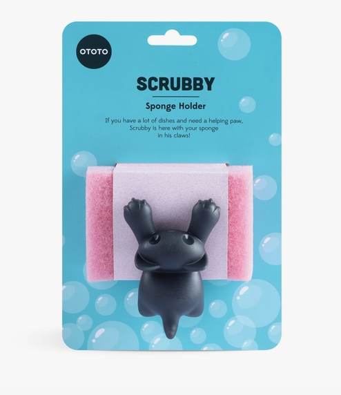 Scrubby the kitty cat sponge holder packaged on a blue hangcard with bubbles pictured on the front. 