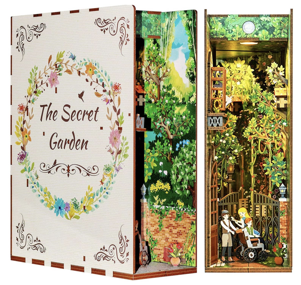 Side and front views of completeted Secret Garden Book Nook DIY kit.