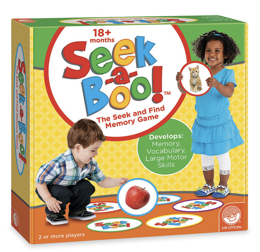 Box of Seek-a-Boo! The Seek and Find Memory Game featuring two children holding and picking up the oversized round game cards.