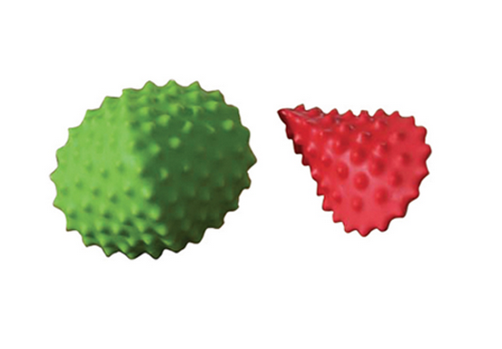 Green and red bumpy textured sensory balls.