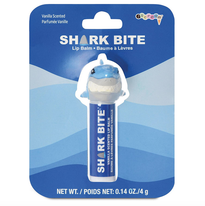 Shark bite lip balm is topped with a shark head cap.