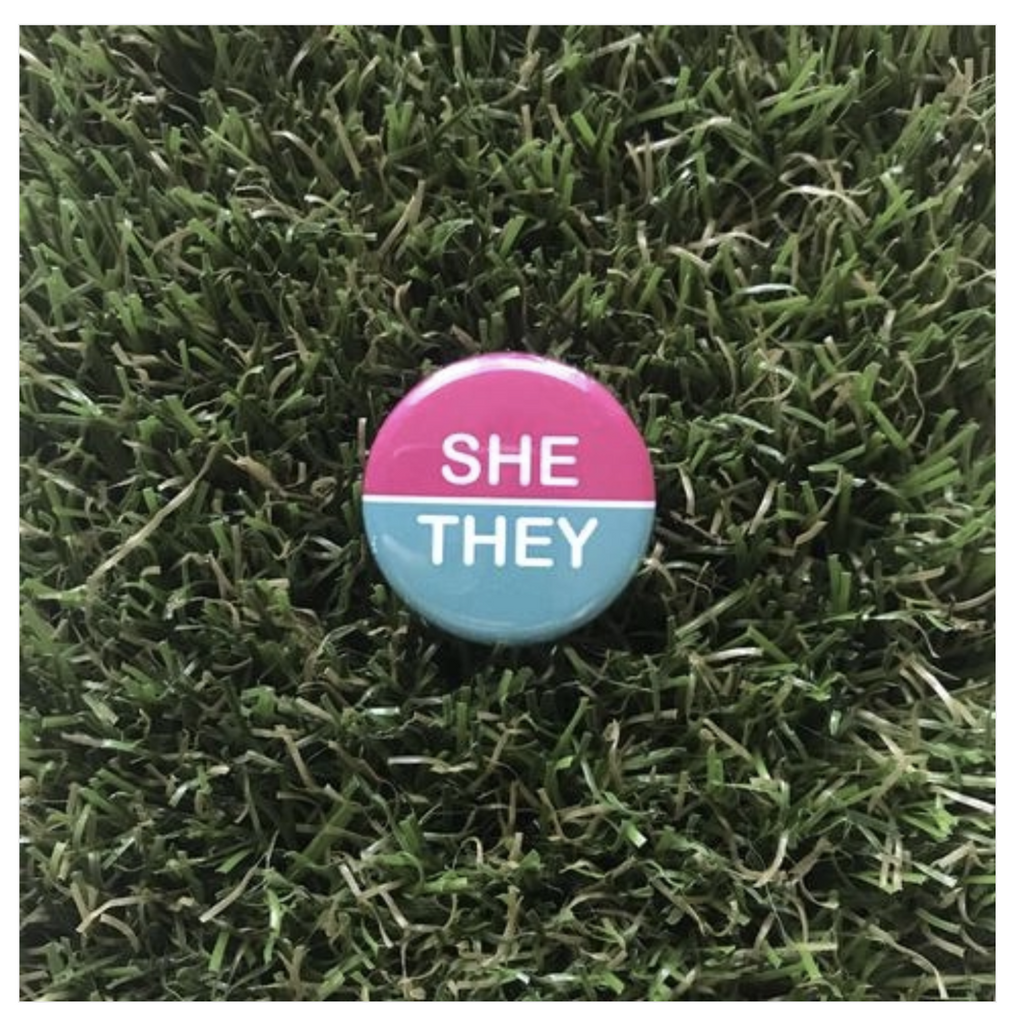 Button on grass. Button top half is pink and reads She in white text; bottom is blue and reads They in white.