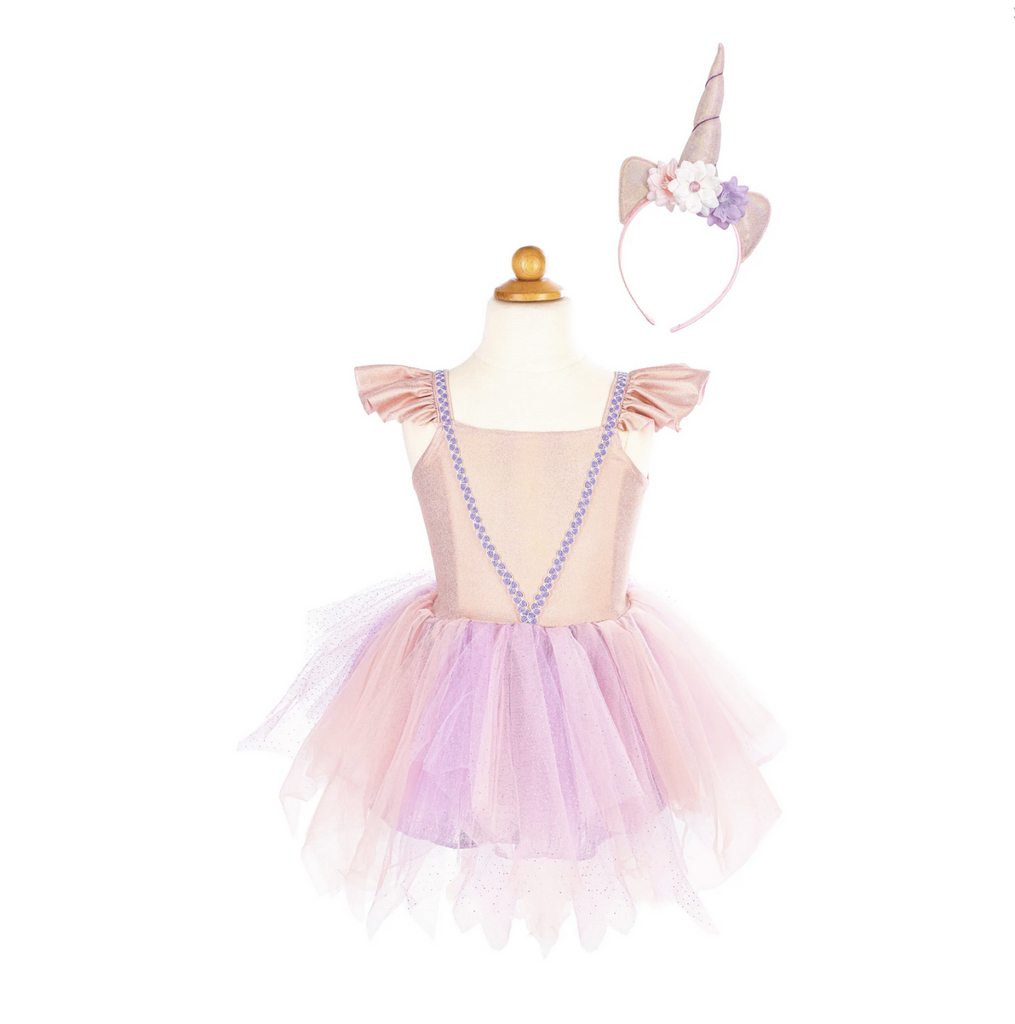 Pink and purple flutter sleeve tutu with tulle skirt and headband with soft pink unicorn horn.