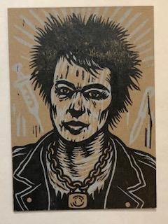 5x7 Letterpress Postcard of Sid Vicious. Hand printed on brown or gray heavy chipboard postcard.