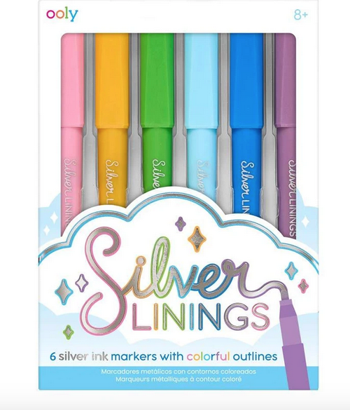 Box of Silver Linings 6 silver ink  markers with colorful outlines.
