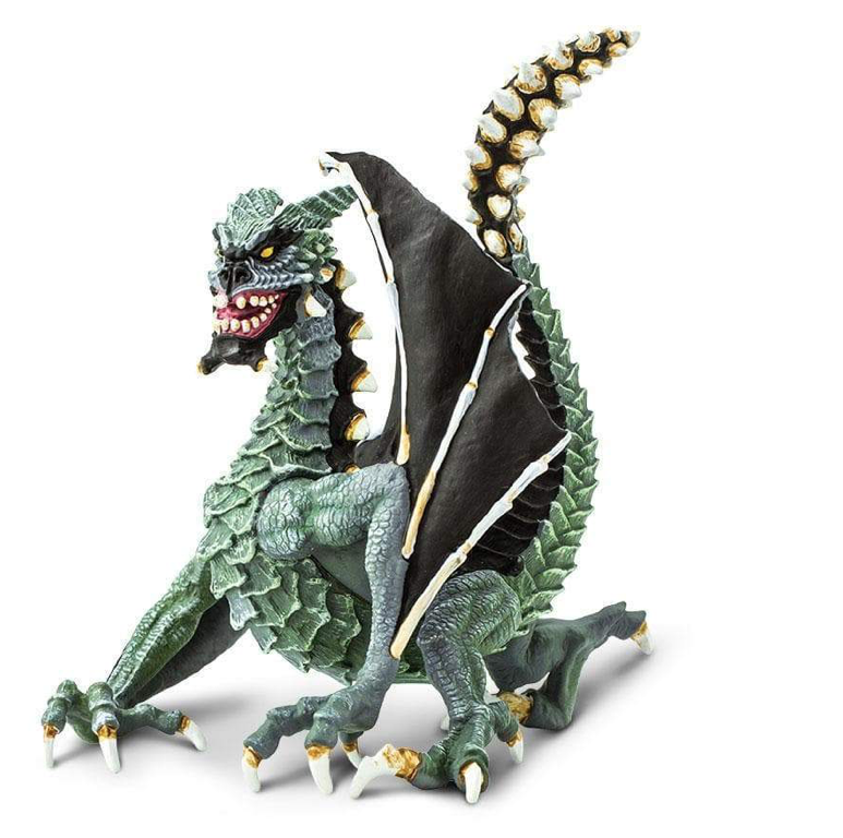Creepy sinister dragon figure. Dragon has grren scales, black bony wings, yellow eyes and big teeth.