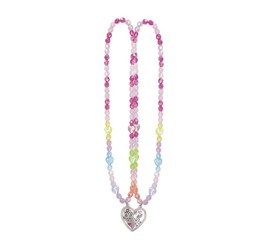 Fun pink and rainbow heart beads make up this adorable set of matching necklaces. The charms at the end of the twin necklaces is a silver heart split in half. One reads Big Sis and the other Little Sis. 