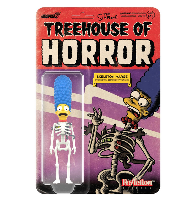 This 3.75" scale articulated action figure shows Marge Simpson in her in skeletal form with Snowball II peeking through her ribcage. The figure is packaged on a cardback featuring animation from the Treehouse of Horror episode she appeared in.