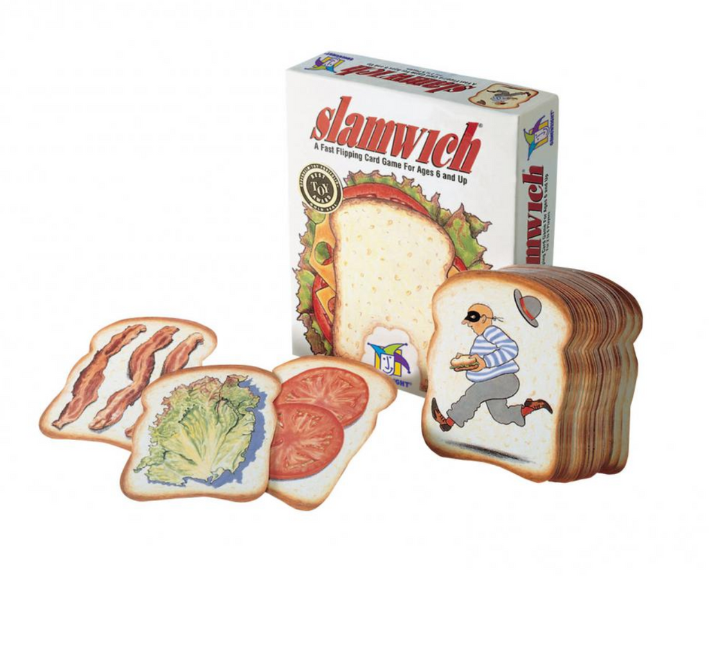Box of Slamwich a fast flipping card game for ages 6 and up. Shows bread shaped playing cards with different sandwich toppings on each.
