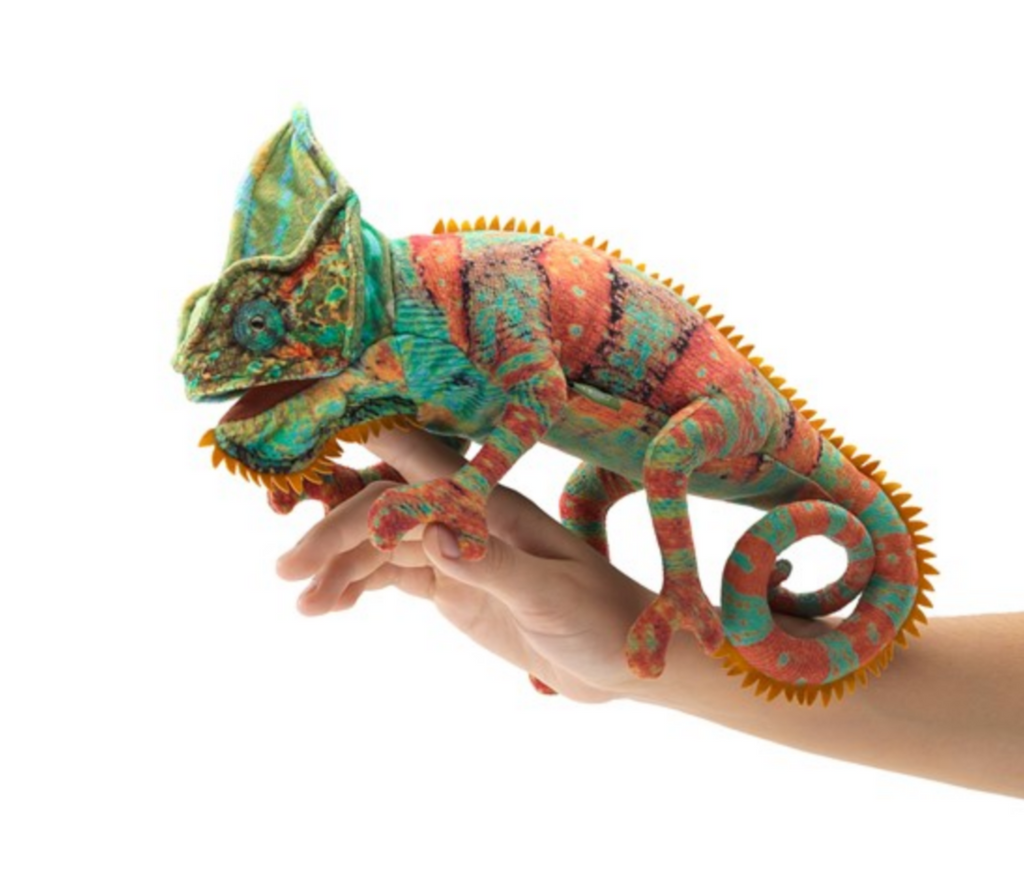 Multicolored small chameleon hand puppet.