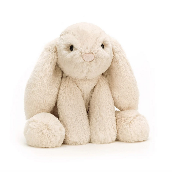 Beautiful Smudge Rabbit stuffed animals sitting up and facing front with ivory fur, pale pink nose and black eyes. 