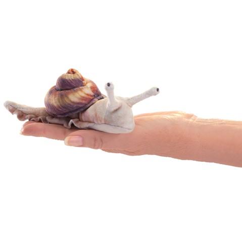 The Snail finger puppet with it's pale face and antennae like eyes out of it's tan and brown shell