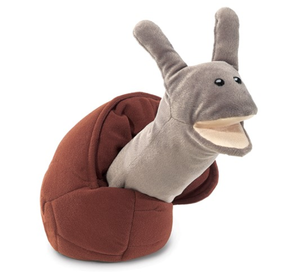 Plush snail hand puppet. Shell is brown and slug is grey with black eyes. 