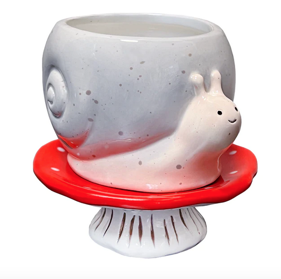 White and gray ceramic snail planter sitting atop a removeable red and white mushroom "footed" dish. 