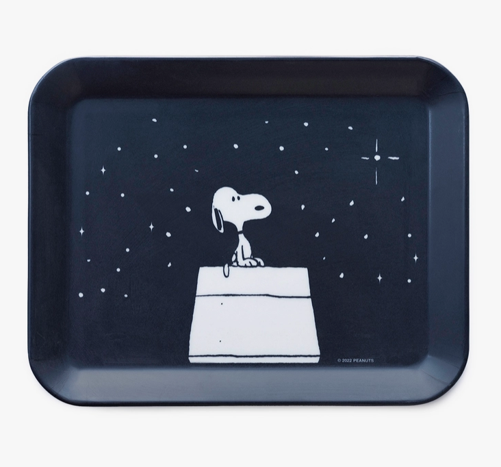 Night sky blue tray with Snoopy on his doghouse gazing at the stars. 