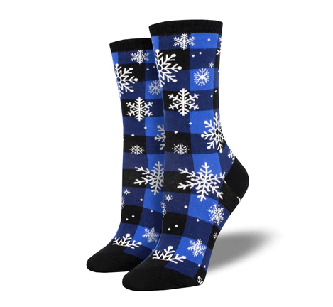 Blue palid ankle socks with all over white snowflake pattern.