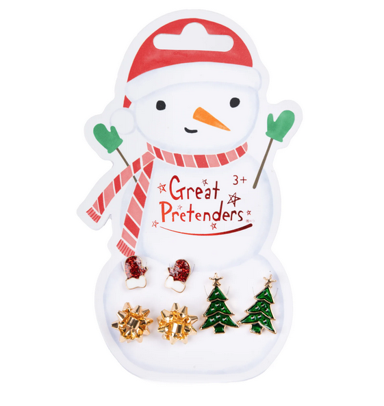 The Snowman Pierced earrings set on a snowman shaped hang card. 