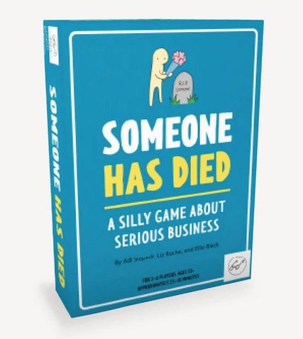 Blue box of game Someone Has Died- a silly game about serious business. Illustration of a figure placing flowers on a tombstone.