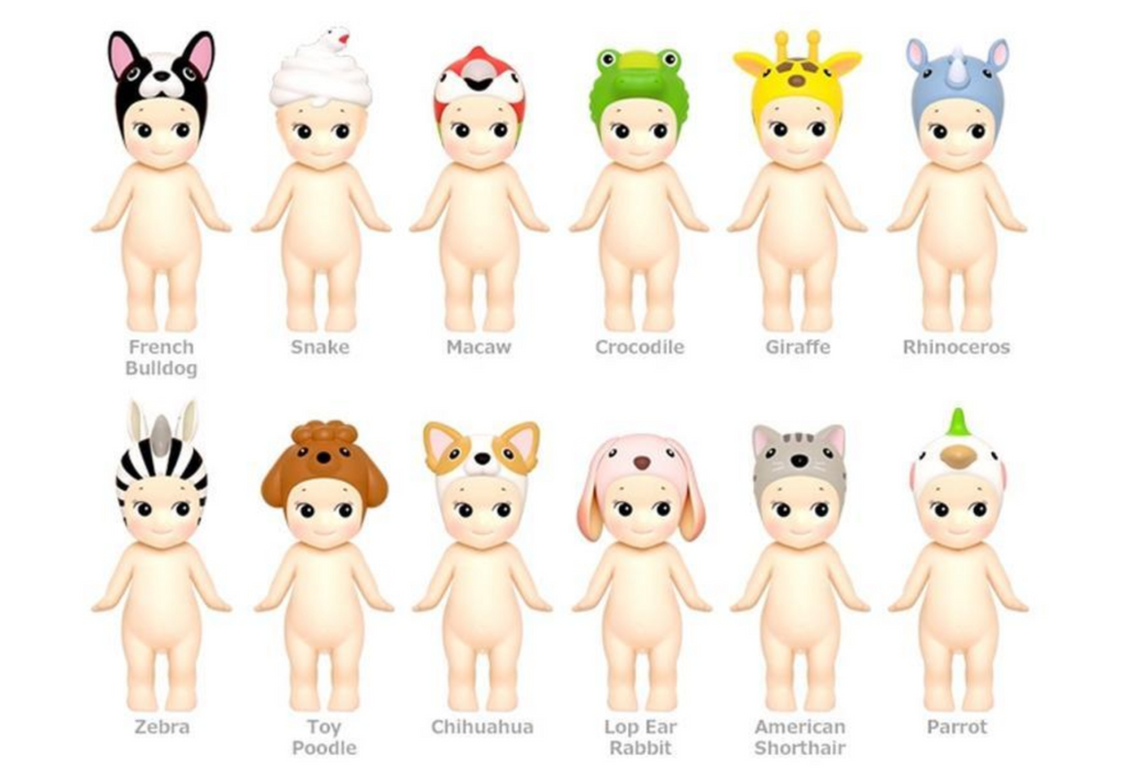 Sonny Angel collectible figures from Animal 3 series. French Bulldog, Snake, Macaw, Crocodile, Giraffe, Rhino, Zebra, Toy Poodle, Chihuahua, Lop Ear Rabbit, American Shorthair, and Parrot. 
