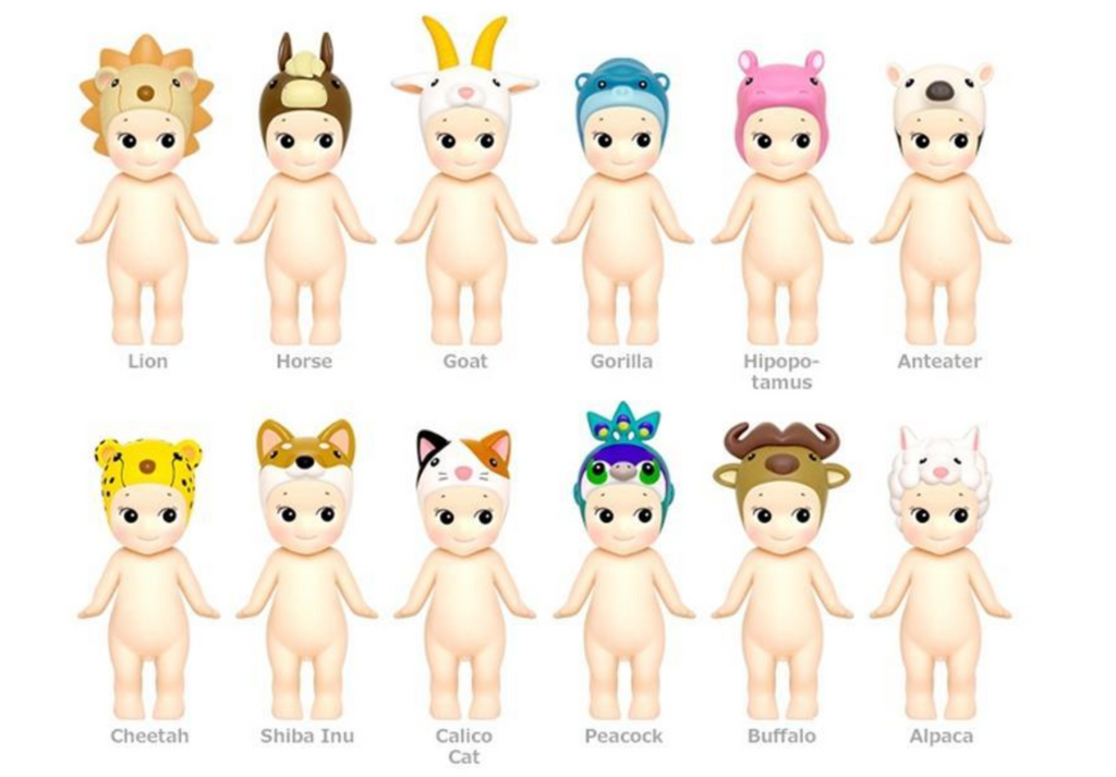 Sonny Angel collectible figures that are available in the Animal 4 Series. Lion, Horse, Goat, Hippo, Anteater, Cheetah, Shiba Inu, Calico Cat, Peacock, Buffalo, and Alpaca. 