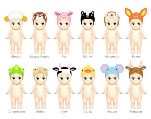Sonny Angel Animal series 2. Sonny Angels are blind box collectibles soft vinyl figures of a nude kewpie style doll with different hats, like a sheep, cow, pig, or hedgehog.