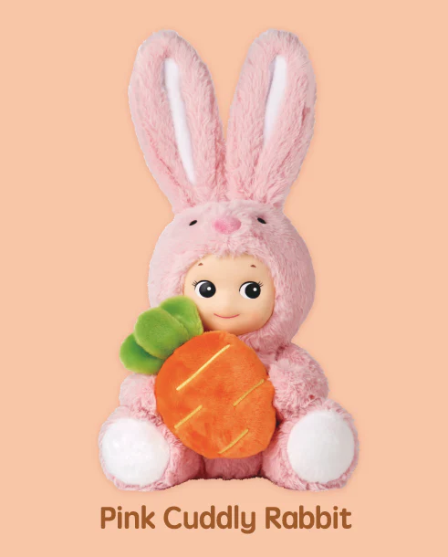 Sonny Angel Pink Cuddly Rabbit plush doll holding a plush carrot.