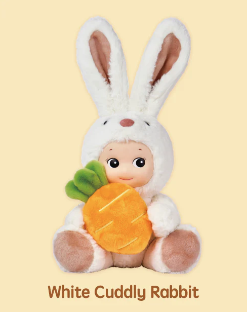 Sonny Angel White Cuddly Rabbit plush doll holding a plush carrot.