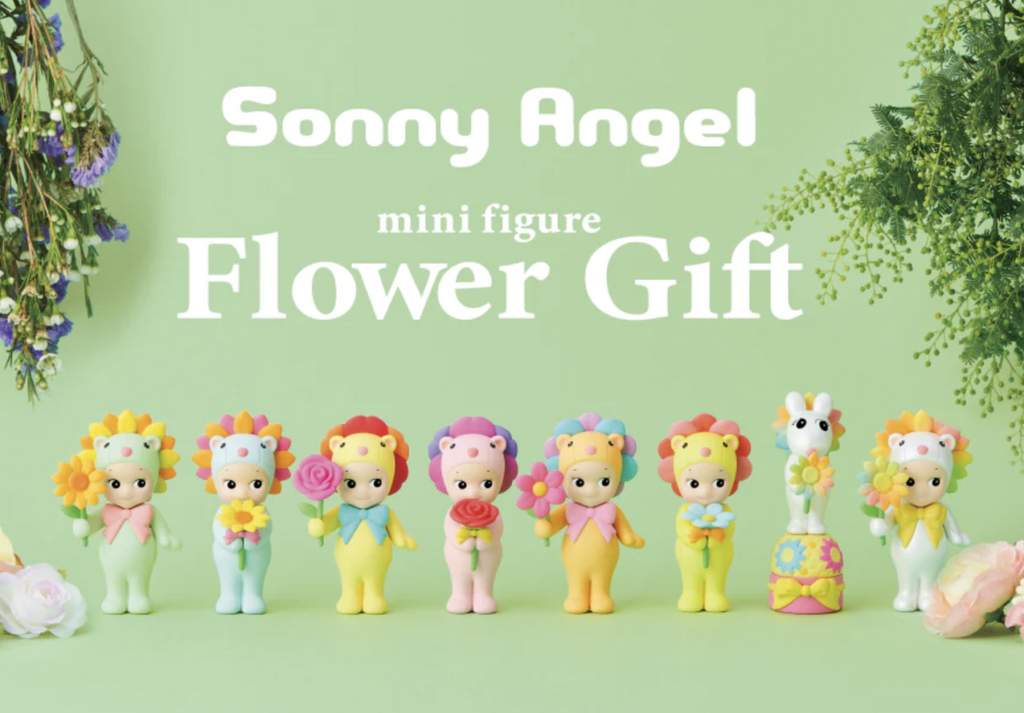 Sonny Angel Flower Gift Series. Sonny Angels are blind box collectibles soft vinyl figures of a nude kewpie style doll with different flower hats holding a similar flower.