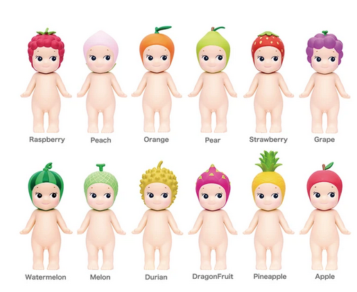 Collectible Sonny Angel figures from the Fruit series. Including Raspberry, Peach, Orange, Pear, Strawberry, Grape, Watermelon, Melon, Durian, Dragon Fruit, Pineapple, and Apple. 