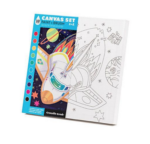 Space Canvas Paint Set Set includes real printed artist canvas on a wood frame 10"x 10". 10 Non-toxic acrylic paints. 2 Paint brushes.