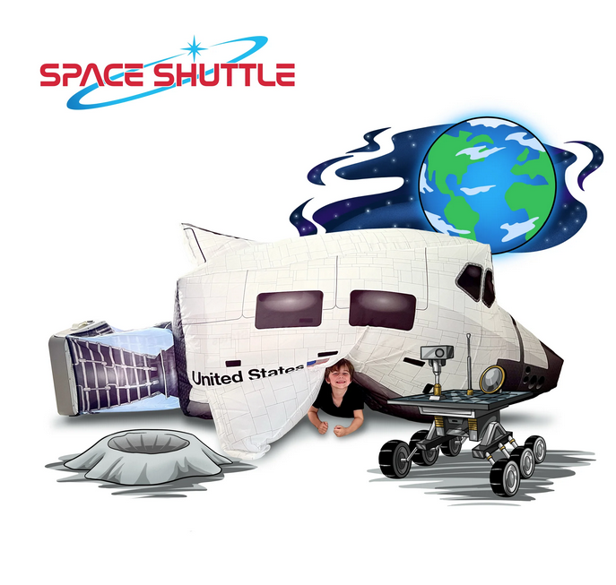 Space Shuttle Airfort inflated with a kid laying underneath with illustrations of the Earth in the distance, the MARS Rover all around it. 