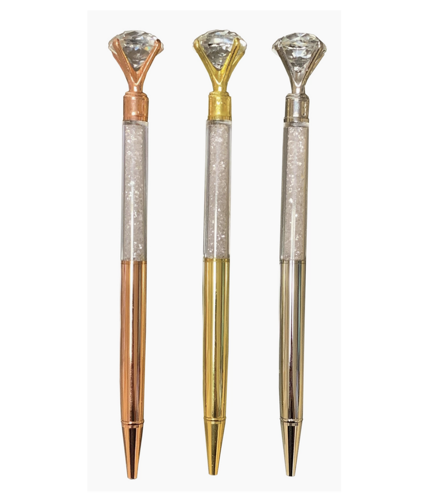 Sparkly gem topped pens in gold, rose gold, or silver metal finishes.