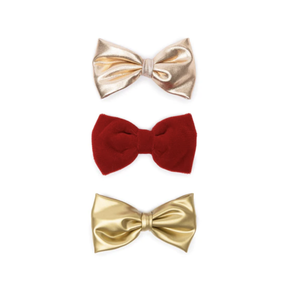 Assortment of 3 hair bows in either rose gold, gold, or red velvet.