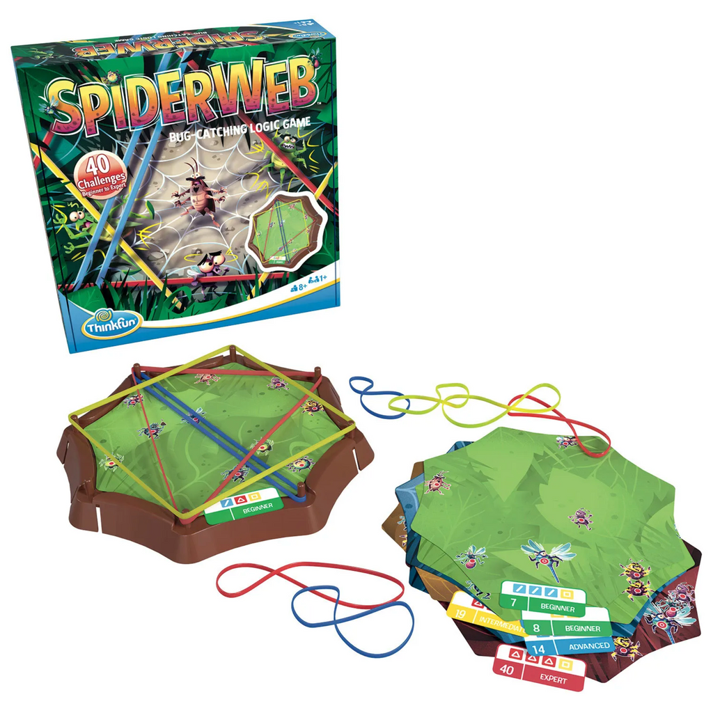 Spiderweb bug catching logic game. 40 challenges from beginner to expert. 1 or more players. Ages 8 and up.