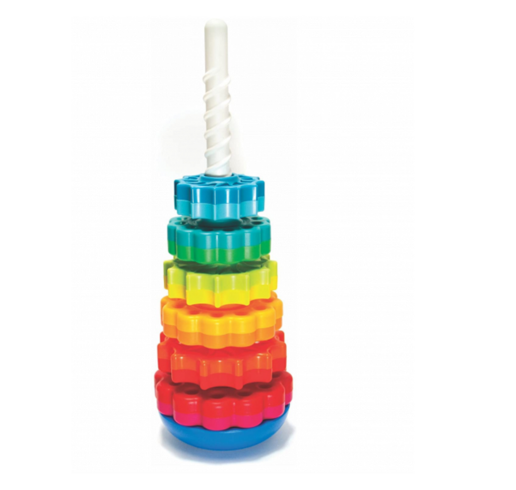 Image of Spin Again stacking toy. Different colored and sized plastic gears sit on a white pole with a blue base.