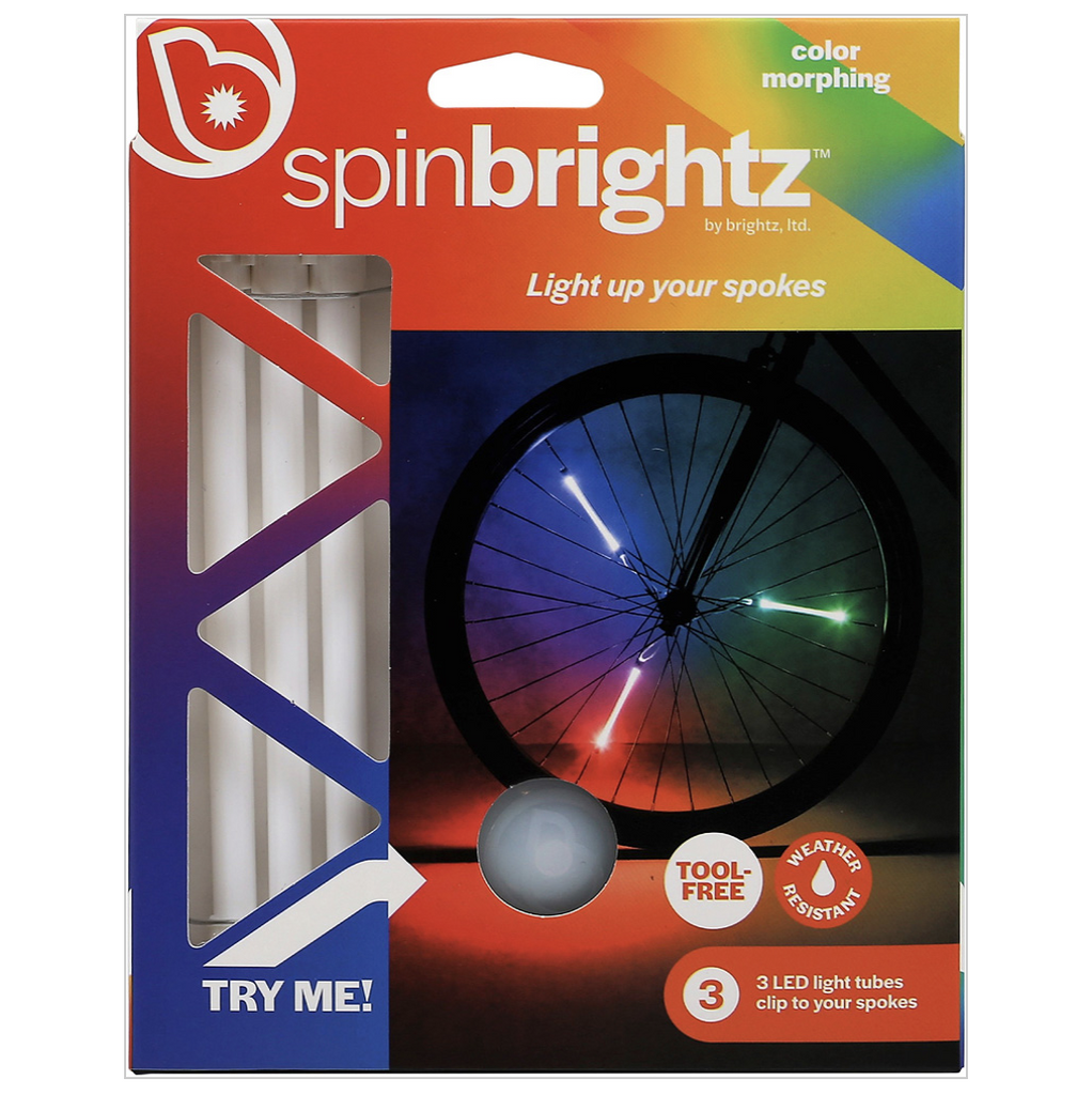 SpinBrightz color morph bike spoke lights. Tool free. Weather resistant. 3 LED light tubes clip to your spokes.