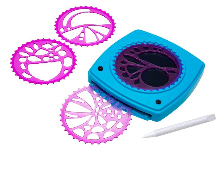 This close up of the Spirograph Doodle Pad shows the device with the handheld blue unit with a white stylus and four purple templates.  Each round template fits into the doodle pad and has different geometric patterns to create endless designs. 