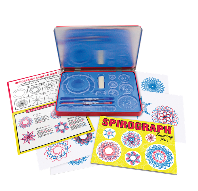 Showing the tin opened with the various sized gears and pens nestled in place, along with instructions and basic pattern guides. Also included is a drawing pad. 