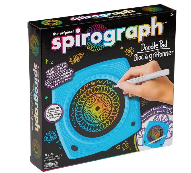 This image shows the box with a demonstration of the Spirograph Doodle Pad in action.  The black background shows off rainbow letters and illusrations of doodles.  The doodle pad is blue with the drawing surface a round screen and a depiction of a sample design that could be created. 