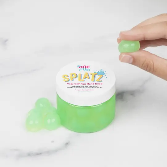 SPLATZ are bursting bubbles of pure hand soap that literally SPLAT! when kids squeeze them. The green apple Splatz is naturally clean and crisp scented.