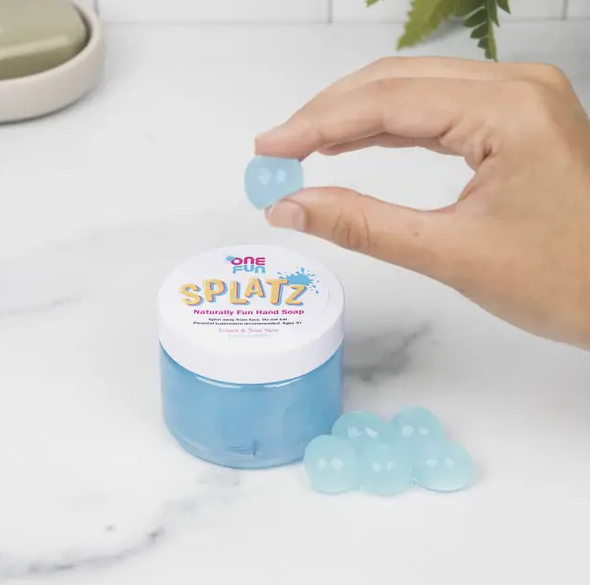 SPLATZ are bursting bubbles of pure hand soap that literally SPLAT! when kids squeeze them. Turquoise Sky is a breezy citrus scent.