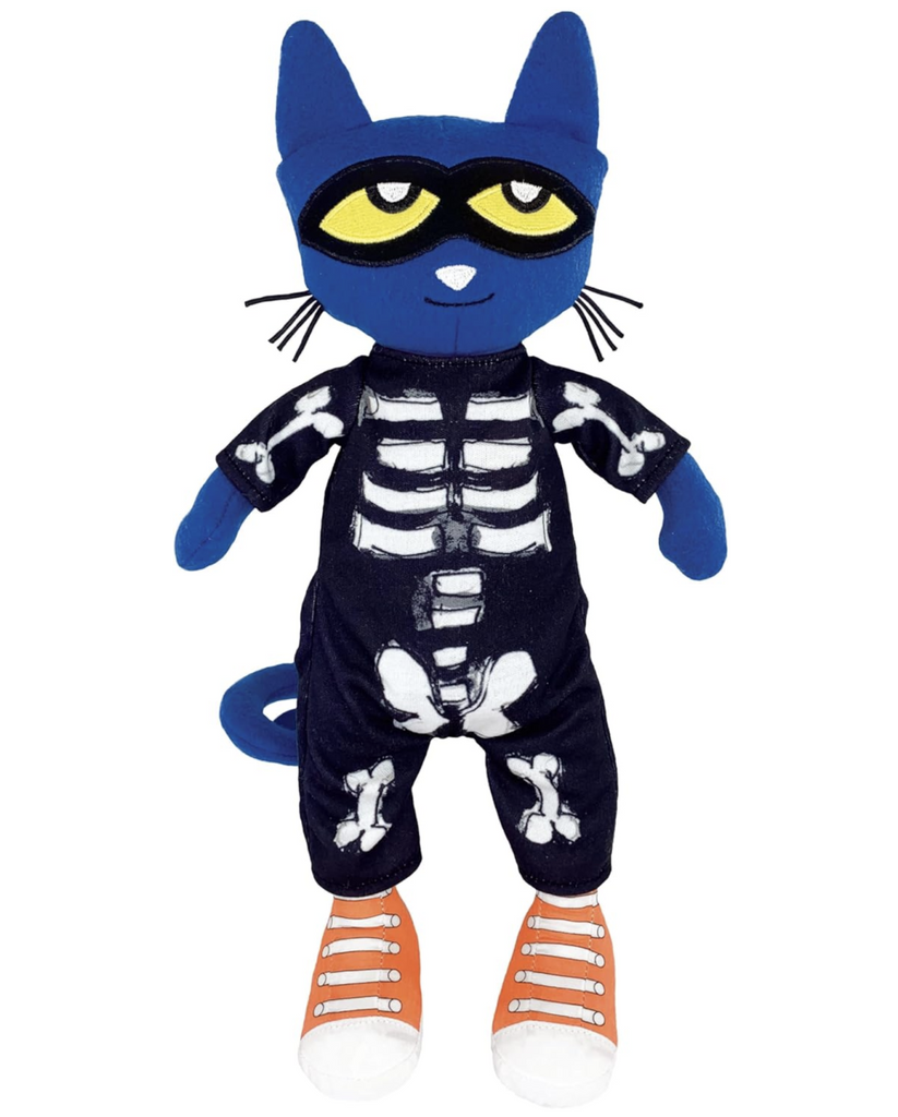 Spooky Pete the Cat plush wearing a removeable one piece black and white skeleton outfit and yellow shoes.  