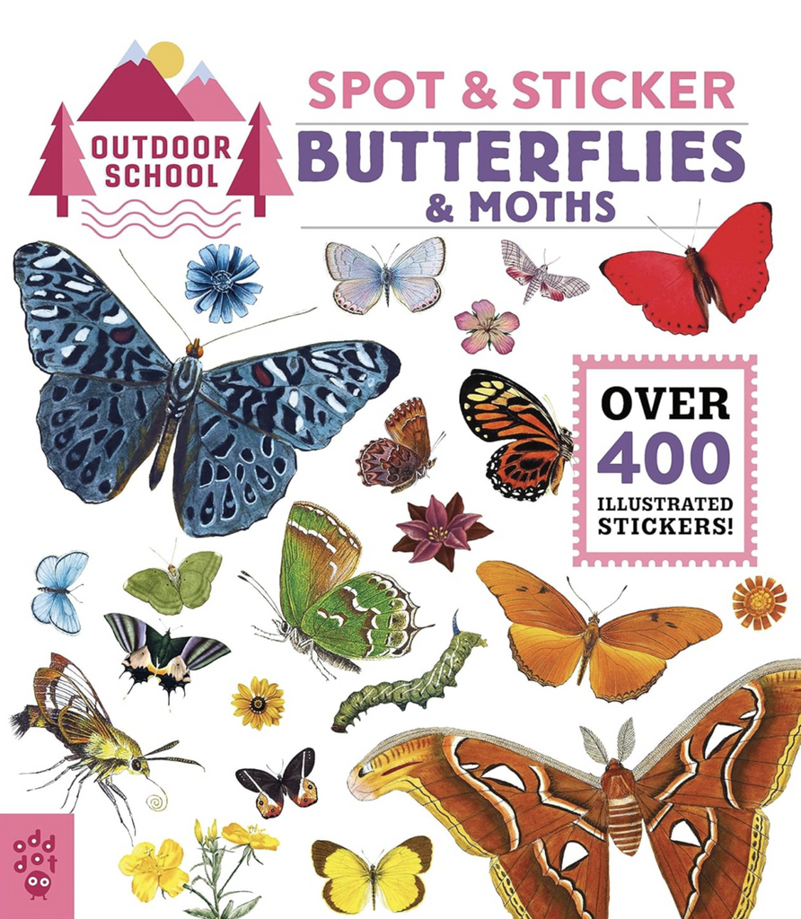 Illustrated cover with many colorful butterflies, moths and flowers for the "Spot and Sticker Butterflies and Moths" book. 