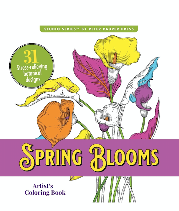 Cover of Spring Blooms artist coloring book. 31 stress relieving botanical designs.