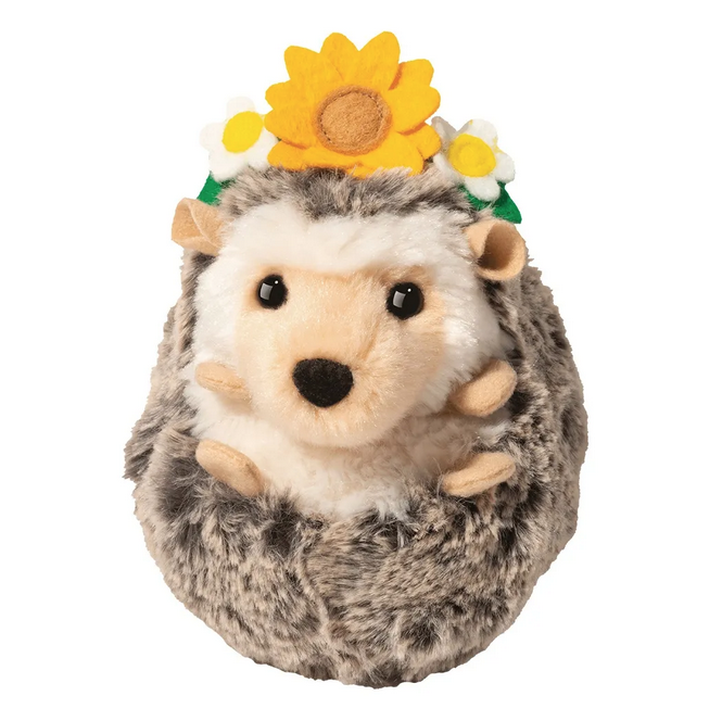 Spunky the Hedgehog stuffed animal has vibrantly colored felt flowers adorning it's headband which draws attention to his lively, bright eyed expression. Natural tones of tan and cream mix with a soft gray undercoat to lend Spunky an earthy, lifelike appearance. Perfectly sized to fit snugly in your palm. 